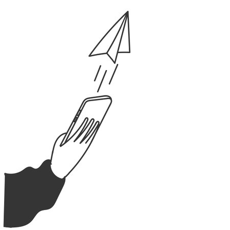 hand drawn doodle paper airplane take of and flying from mobile phone illustrationのイラスト素材