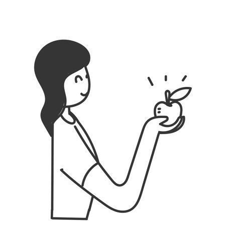 doodle woman hand holding apple fruitのイラスト素材