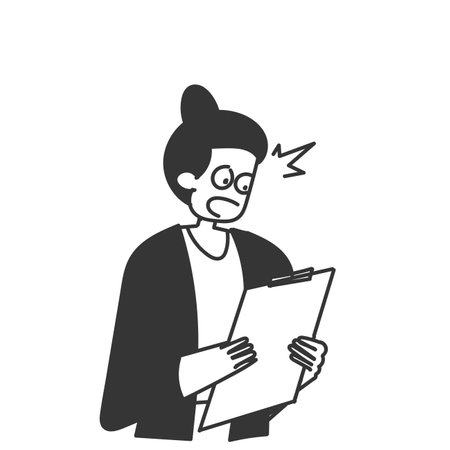 business woman shocked after see clipboard in doodle hand drawn styleのイラスト素材