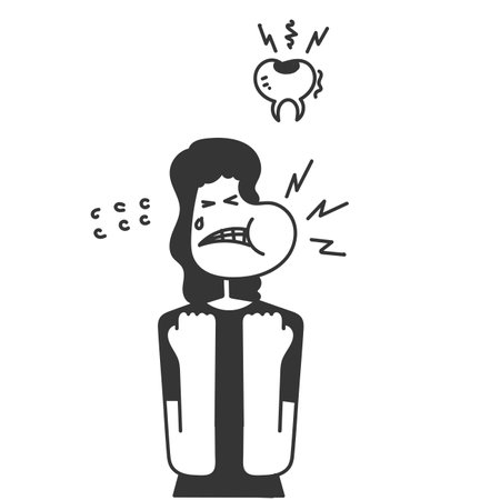 doodle hand drawn cartoon unhappy person with toothache sicknessのイラスト素材