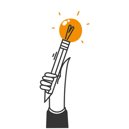 doodle hand holding pen with light bulb symbol for idea brain illustration in hand drawn styleのイラスト素材
