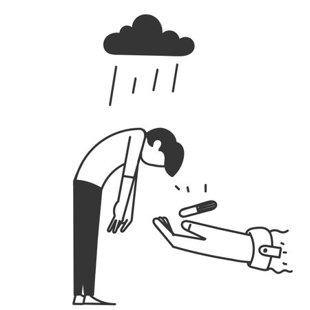 Doctors give medication to people who are anxious and depressed in doodle drawnのイラスト素材
