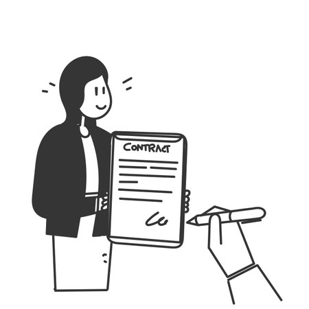 businessman sign on contract document in doodle hand drawing styleのイラスト素材