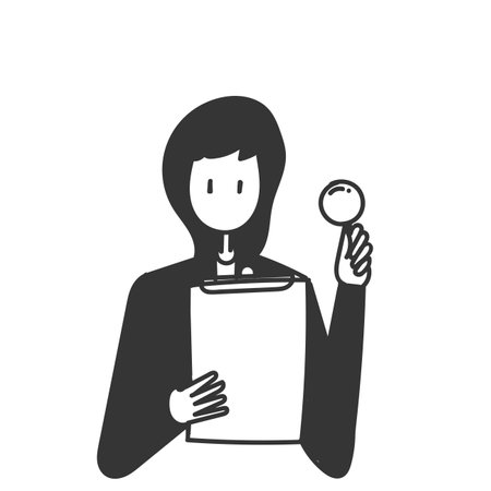 business woman reading clipboard document and holding magnifying glass in doodle styleのイラスト素材