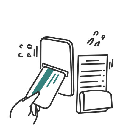 online bill payment mobile with card illustration in doodle hand drawnのイラスト素材