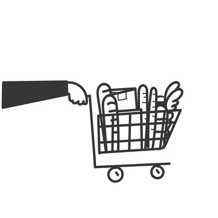 people carrying shopping carts full of groceries in cartoon styleのイラスト素材