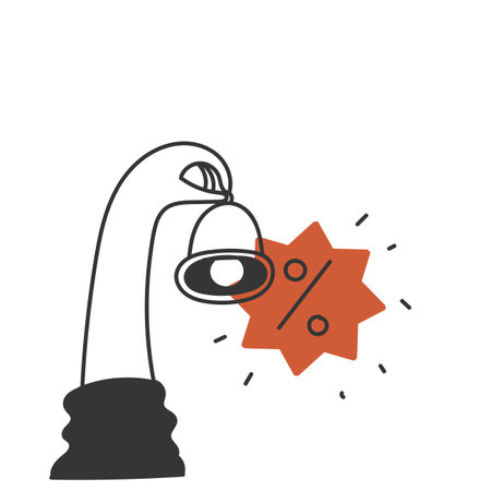 hand holding tag price icon with bell in doodle styleのイラスト素材