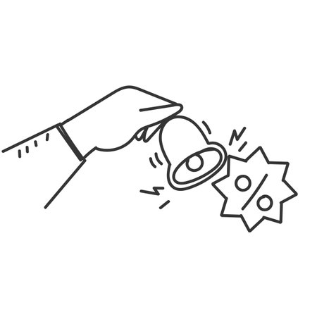 hand holding tag price icon with bell in doodle styleのイラスト素材