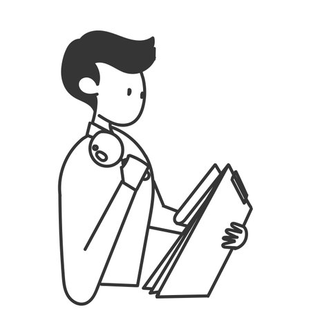 business man reading clipboard document and holding magnifying glass in doodle styleのイラスト素材