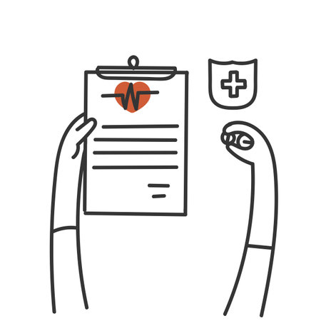 hand holding medical document with shield protection and medicine illustration in doodle drawnのイラスト素材
