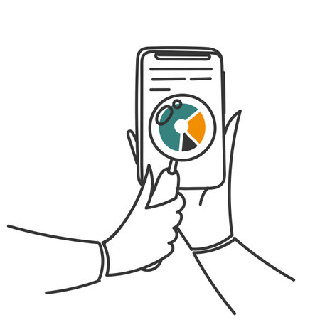 person doing analysis chart with magnifying glass on the mobile phone in doodle cartoon styleのイラスト素材