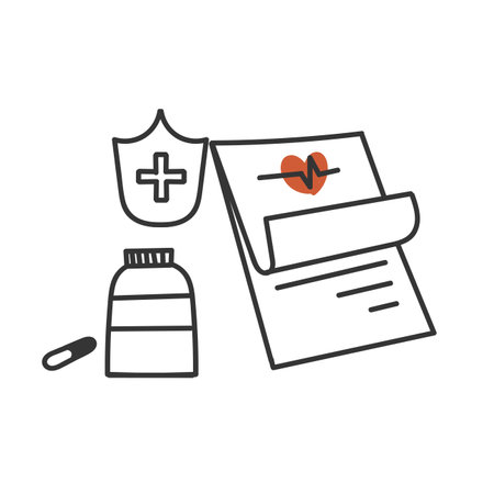 medical document with shield protection and medicine illustration in doodle drawnのイラスト素材