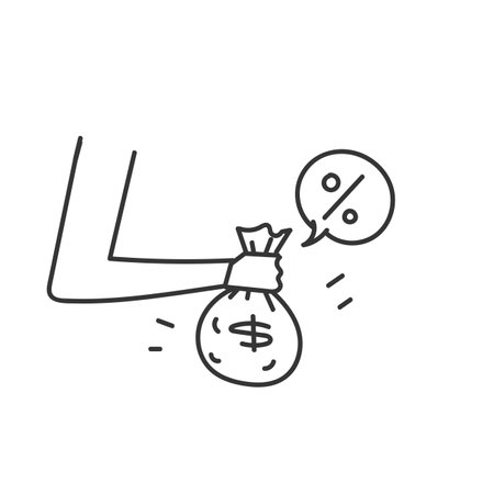 hand drawn doodle business woman holding money bag with percent signのイラスト素材