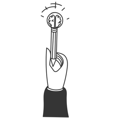 doodle hand holding pen with light bulb symbol for idea brain illustration in hand drawn styleのイラスト素材