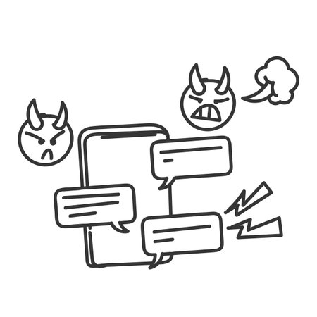 angry and bullying message on phone in doodle cartoon iconのイラスト素材