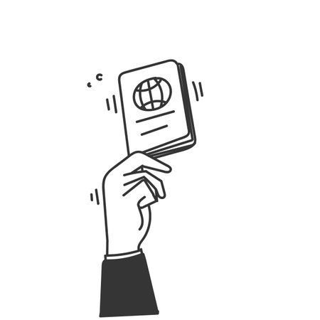 hand drawn doodle hand holding passportのイラスト素材