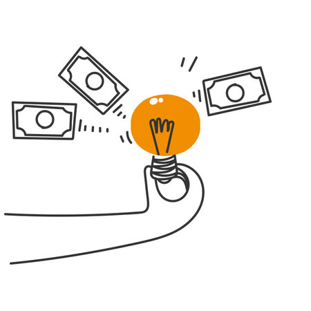 doodle hand holding bulb and money come out of itのイラスト素材