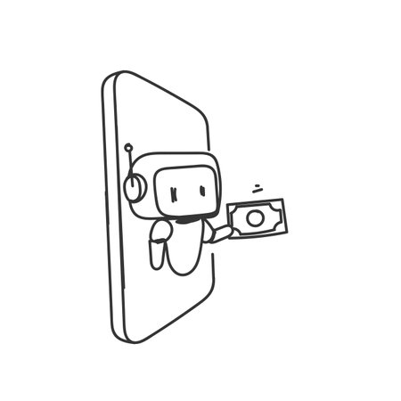 doodle cartoon robot on mobile phone giving moneyのイラスト素材