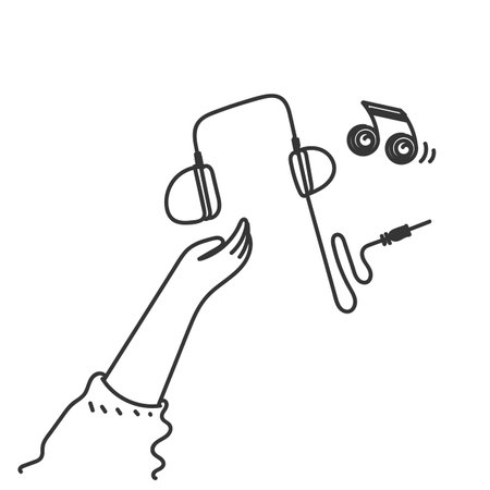 cartoon doodle hand holding headset music illustrationのイラスト素材