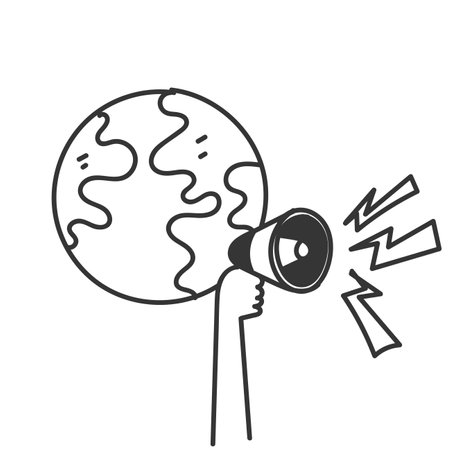 doodle cartoon globe and megaphone icon illustrationのイラスト素材