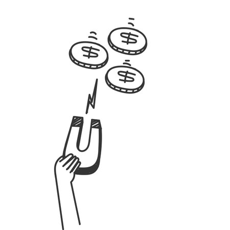 hand holding magnet attracting money doodle cartoonのイラスト素材