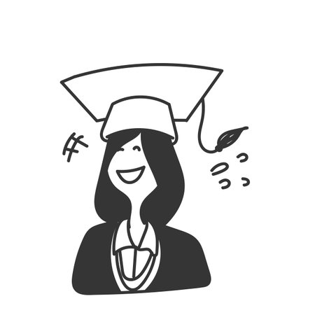 doodle woman with graduation gown smilingのイラスト素材