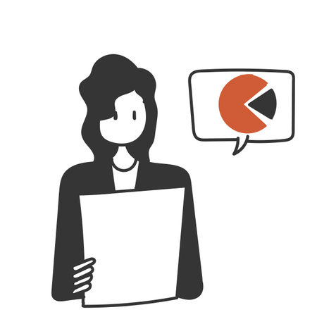 doodle business woman looking at pie chart data illustrationのイラスト素材