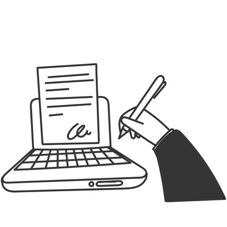 doodle hand holding pen and signing signature on document on laptop tabletのイラスト素材