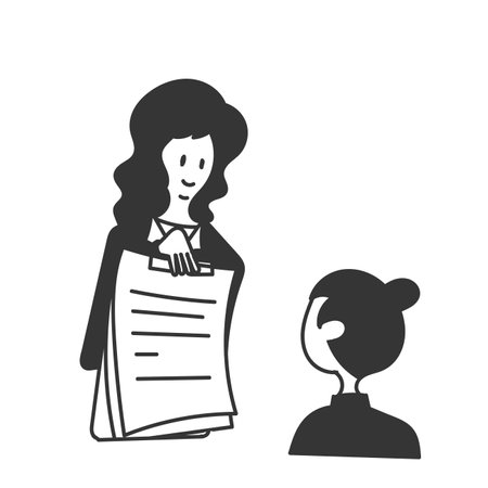business woman showing clipboard data to colleague in doodle cartoon styleのイラスト素材