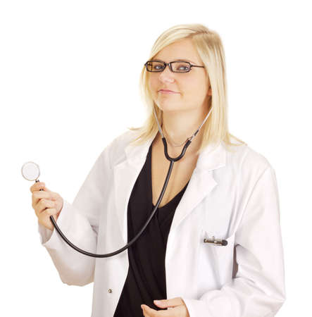 Medical doctor hearing a heartbeatの写真素材