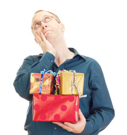 Business person with some colorful giftsの写真素材