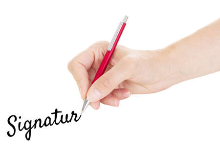 Hand with pen isolated on white backgroundの写真素材