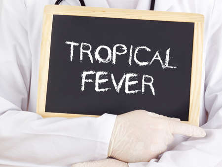 Doctor shows information on blackboard: Tropical feverの写真素材