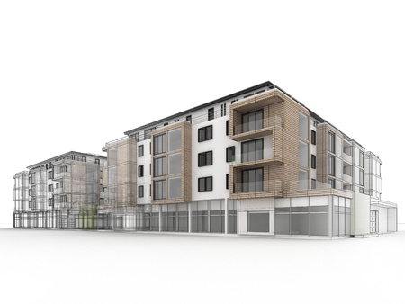 apartment building design progress, architecture visualization in mixed drawing and photo realistic style apartment building design progress, architecture visualization in mixed drawing and photo realistic style