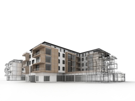 apartment building design progress, architecture visualization in mixed drawing and photo realistic style の写真素材