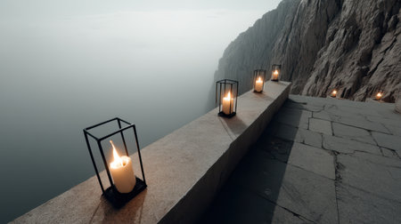 Lanterns in the fog on a stone walkway.の素材
