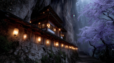 This enchanting image captures a serene mountain retreat surrounded by mist, lanterns, and beautiful cherry blossoms, offering a tranquil escape into nature.の素材