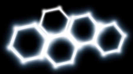 This image features glowing hexagonal shapes on a black background, creating a striking and modern visual. Ideal for various creative projects, from science to technology themes.の素材