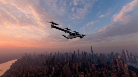 Drone flying over the city at sunset. 3D rendering.の素材