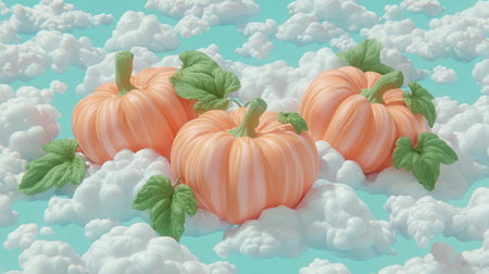 Three vibrant pumpkins with green leaves rest amidst fluffy clouds, creating a whimsical and colorful atmosphere perfect for autumn-themed visuals.の素材