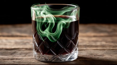 Cocktail with smoke in glass on wooden table, closeupの素材