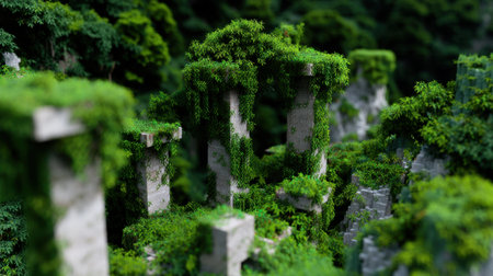 3d render of an old stone wall covered with green plants.の素材