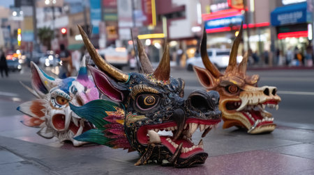 Vivid dragon head props are displayed along a bustling street during twilight, showcasing intricate designs and vibrant colors, perfect for cultural celebrations.の素材