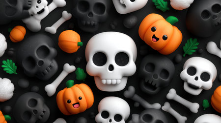 Vibrant Halloween-themed decoration featuring playful pumpkins, cute skulls, and spooky bones on a dark background. Perfect for festive projects.の素材