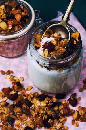 Healthy homemade granola with nuts and dried cranberries. Granolaの写真素材