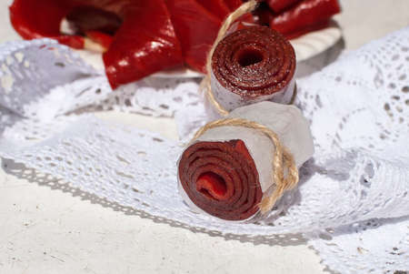Fruit leather rolls, closeup shot, local focus.の写真素材