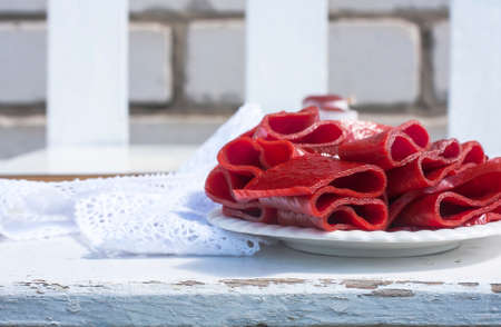 Fruit leather rolls, closeup shot, local focus.の写真素材