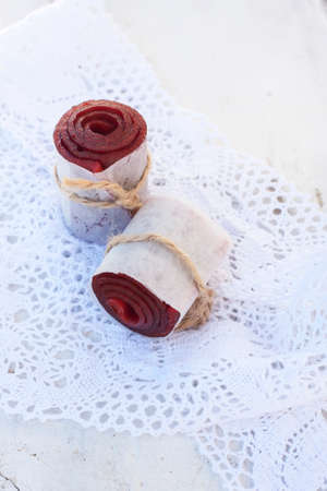 Fruit leather rolls, closeup shot, local focus.の写真素材