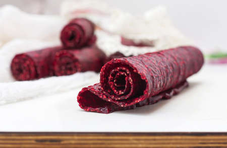 Fruit leather rolls, closeup shot, local focus.の写真素材