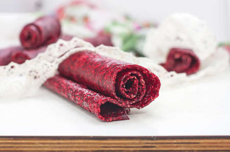 Fruit leather rolls, closeup shot, local focus.の写真素材